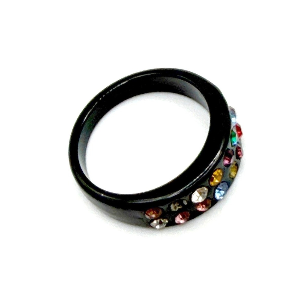 Black Enamel Rainbow Rhinestone Band Ring Colorful Size 5.5 Unisex ring